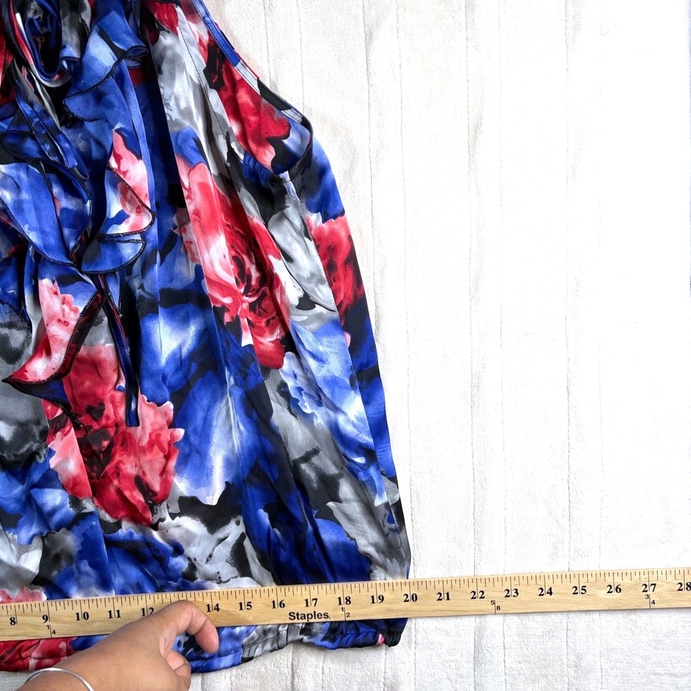Y2K Women's Silky Floral Ruffle Sleeveless Top - Red, Blue, and Gray Size Large - Picture 8 of 13